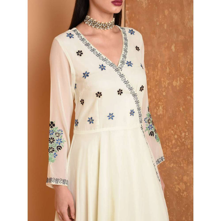 Kaanchie Nanggia Off White Silk Embroidered Anarkali Dress