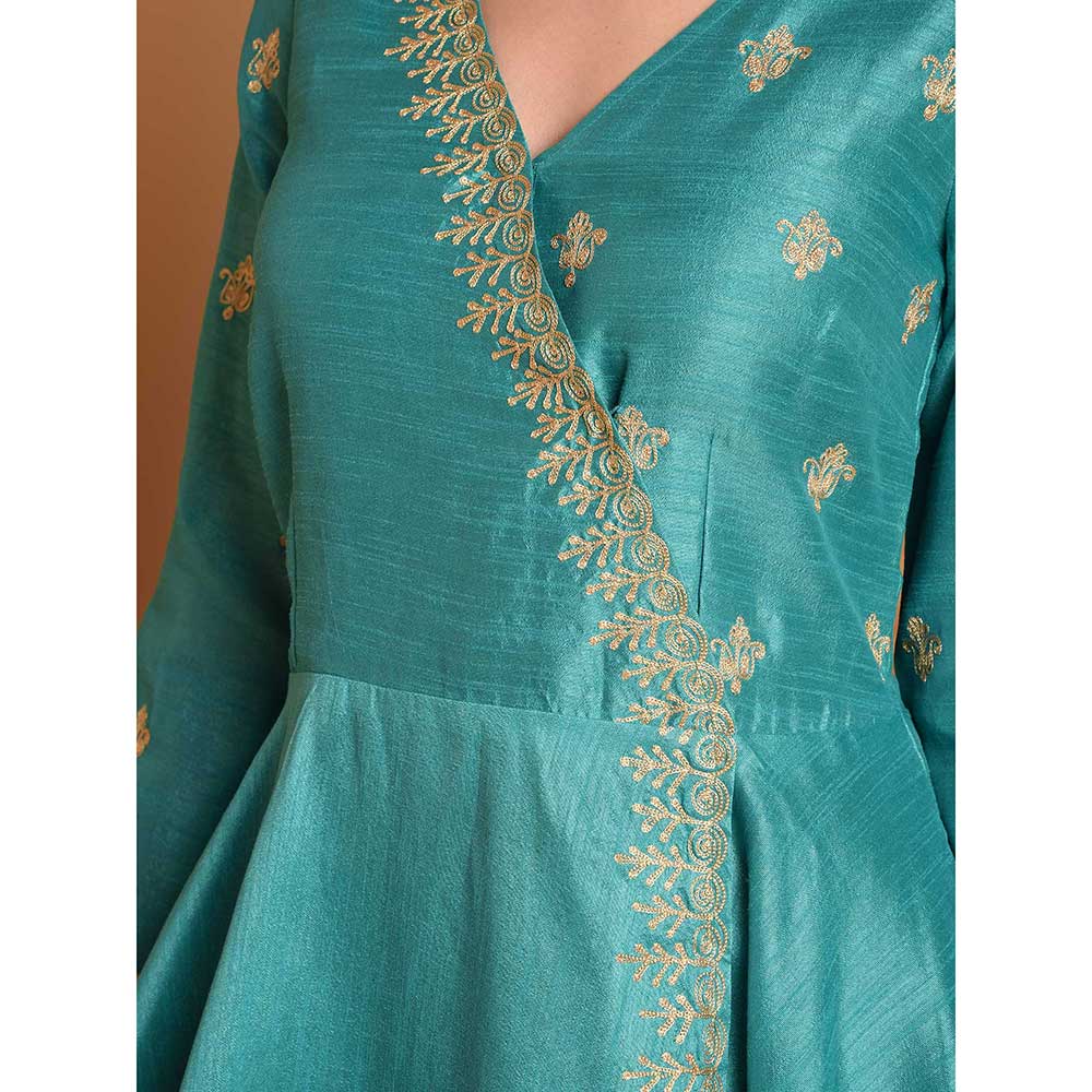 Kaanchie Nanggia Teal Silk Embroidered Anarkali Dress