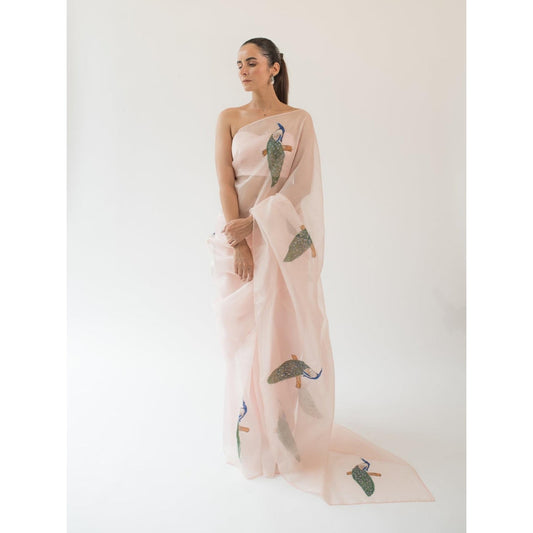 KAPARDARA The indian Peafowl Hand Painted Saree in Pink