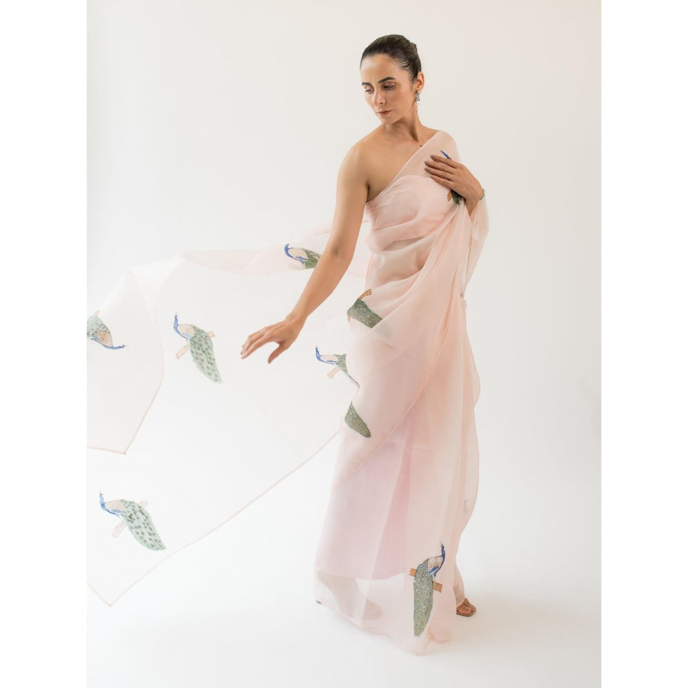 KAPARDARA The indian Peafowl Hand Painted Saree in Pink