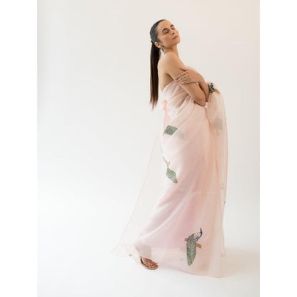 KAPARDARA The indian Peafowl Hand Painted Saree in Pink