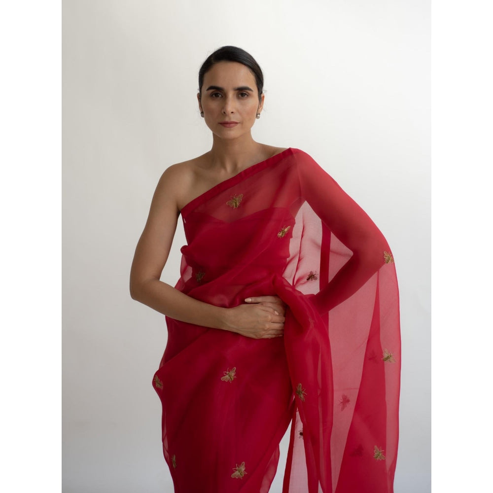 KAPARDARA Scarlet Red Erle Hand Embroidered Saree