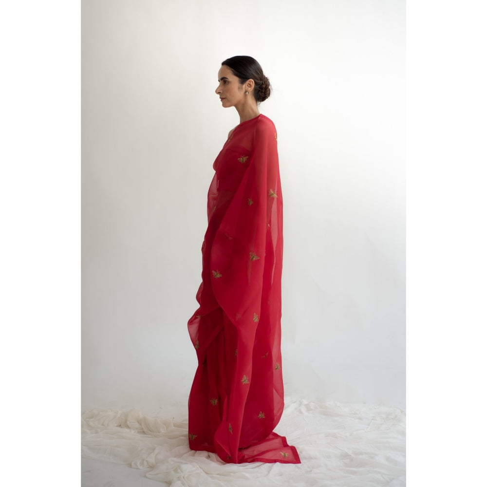 KAPARDARA Scarlet Red Erle Hand Embroidered Saree