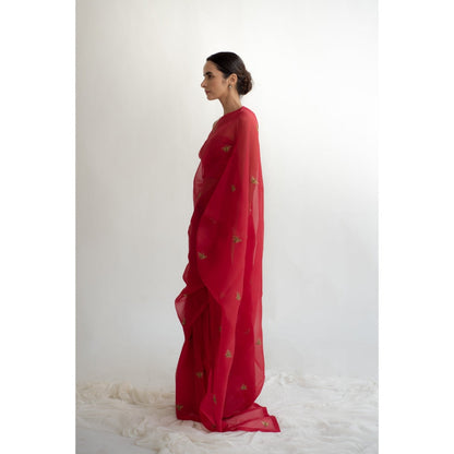 KAPARDARA Scarlet Red Erle Hand Embroidered Saree