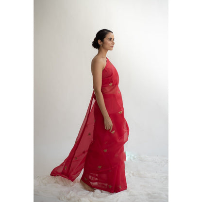 KAPARDARA Scarlet Red Erle Hand Embroidered Saree