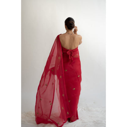 KAPARDARA Scarlet Red Erle Hand Embroidered Saree