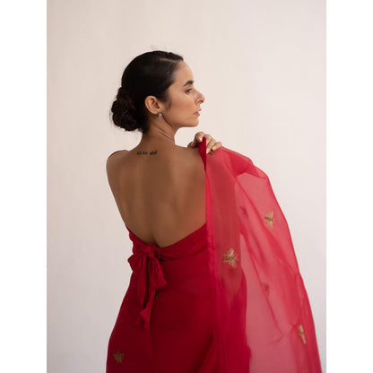 KAPARDARA Scarlet Red Erle Hand Embroidered Saree