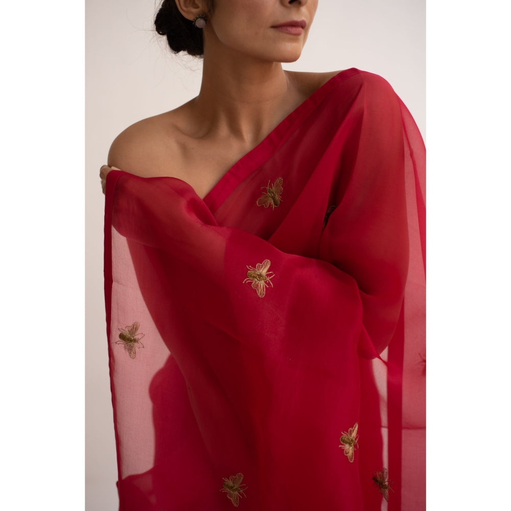 KAPARDARA Scarlet Red Erle Hand Embroidered Saree