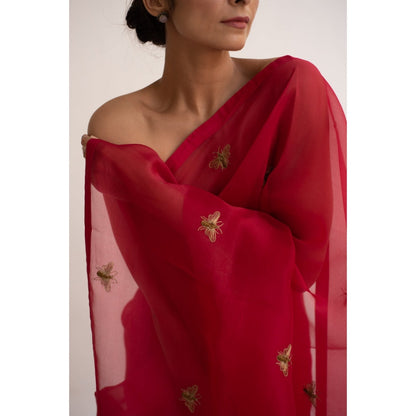 KAPARDARA Scarlet Red Erle Hand Embroidered Saree
