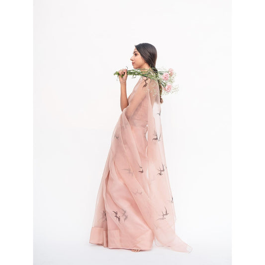 KAPARDARA Rose Pink Silhouette in The Sky Hand Painted Saree