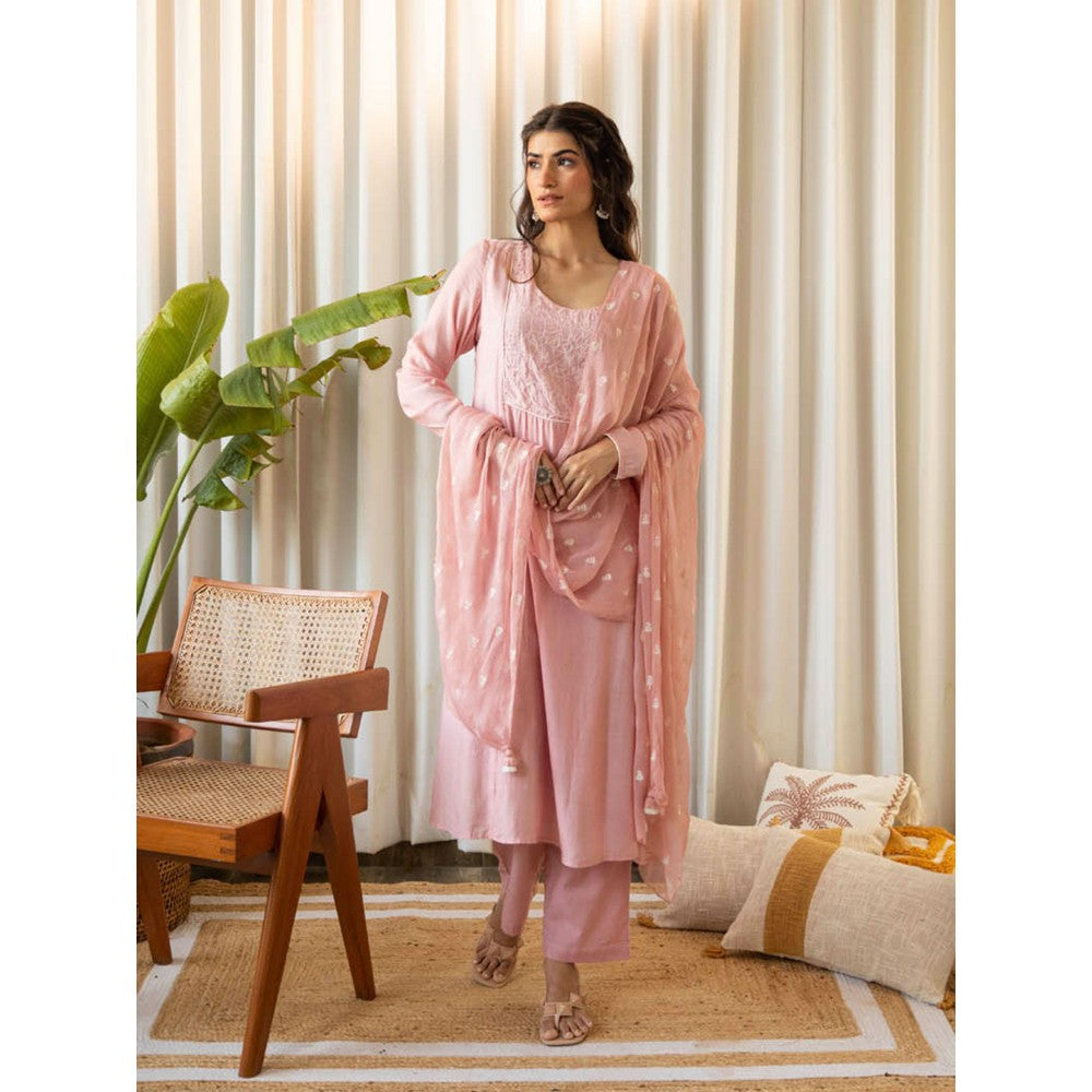 Kapraaha Kurta Paired with Straight Pants and Embroidered Dupatta Pink (Set of 3)