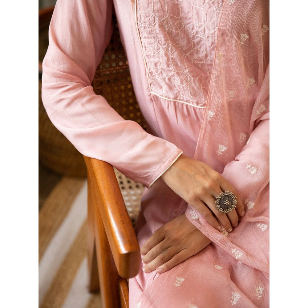 Kapraaha Kurta Paired with Straight Pants and Embroidered Dupatta Pink (Set of 3)