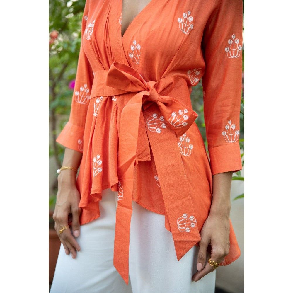 Kapraaha Orange Embroidered Wrap Top