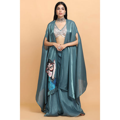 Arpita Sulakshana Turquoise Blue Handpainted Top Palazzo with Cape (Set of 3)