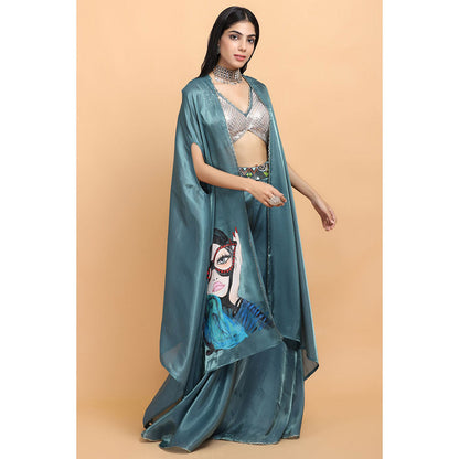 Arpita Sulakshana Turquoise Blue Handpainted Top Palazzo with Cape (Set of 3)