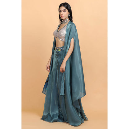 Arpita Sulakshana Turquoise Blue Handpainted Top Palazzo with Cape (Set of 3)