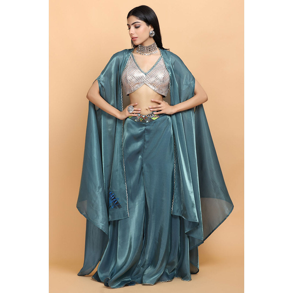 Arpita Sulakshana Turquoise Blue Handpainted Top Palazzo with Cape (Set of 3)