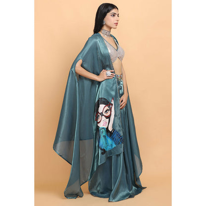 Arpita Sulakshana Turquoise Blue Handpainted Top Palazzo with Cape (Set of 3)