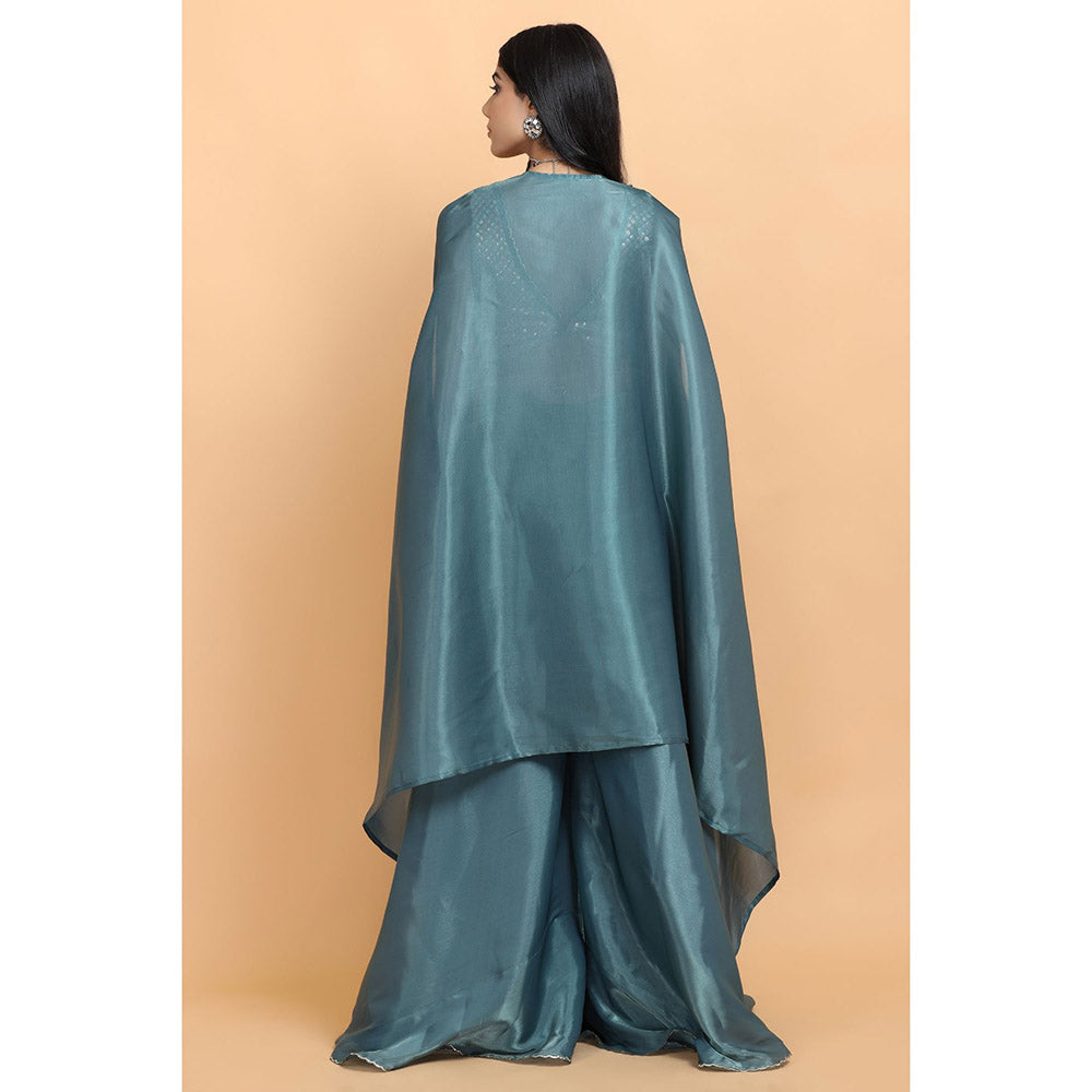 Arpita Sulakshana Turquoise Blue Handpainted Top Palazzo with Cape (Set of 3)