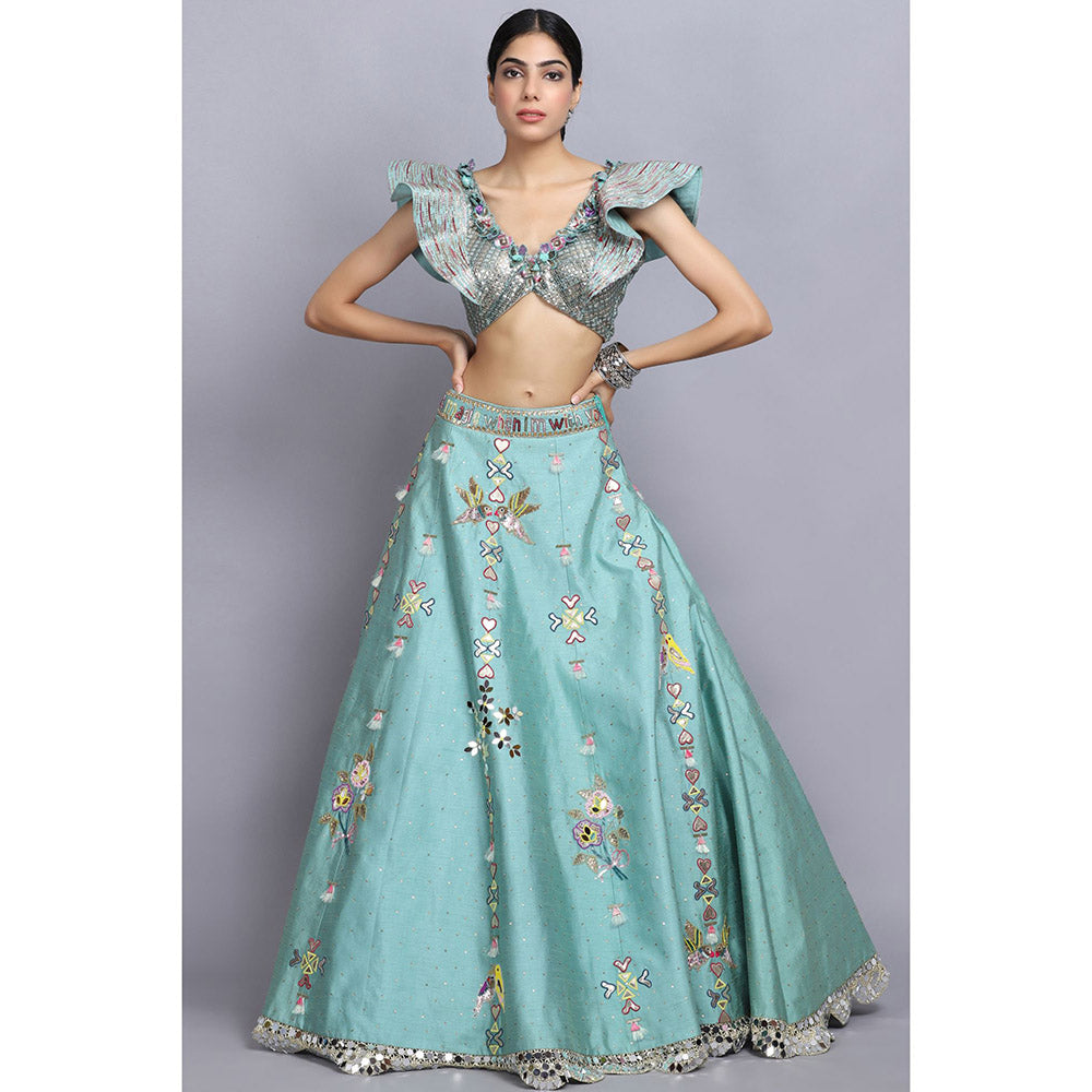Arpita Sulakshana Blue Handpainted Lehenga Blouse with Dupatta (Set of 3)