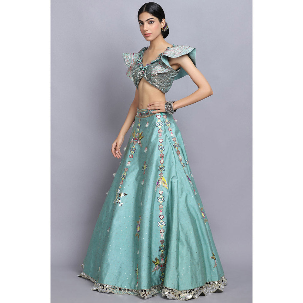 Arpita Sulakshana Blue Handpainted Lehenga Blouse with Dupatta (Set of 3)