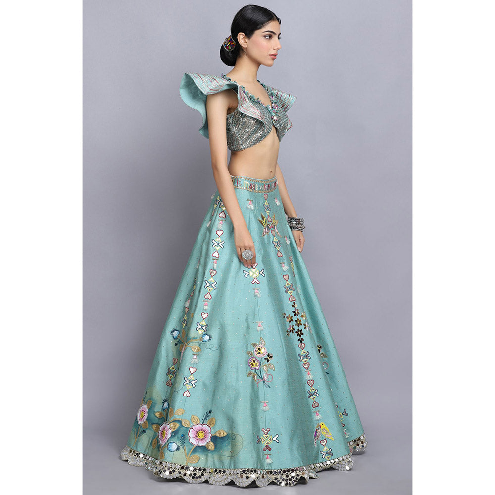 Arpita Sulakshana Blue Handpainted Lehenga Blouse with Dupatta (Set of 3)