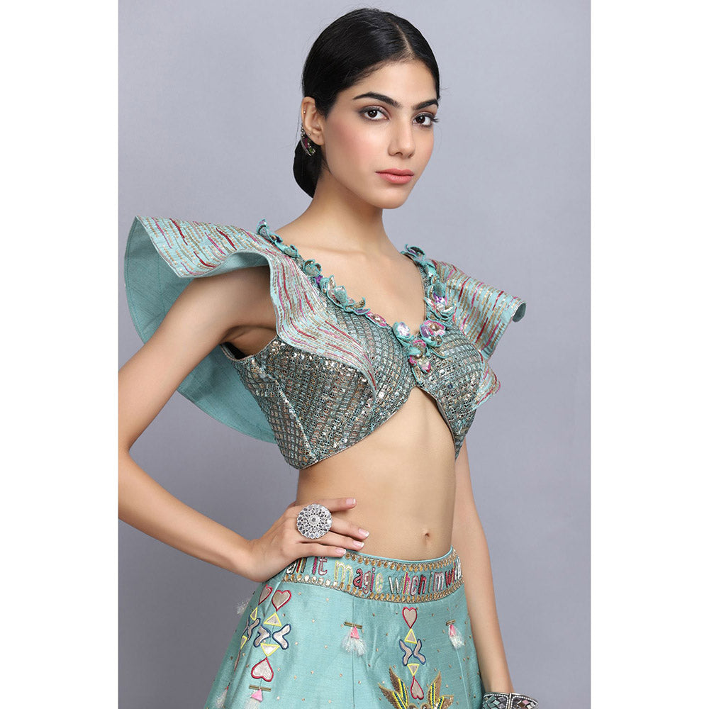 Arpita Sulakshana Blue Handpainted Lehenga Blouse with Dupatta (Set of 3)
