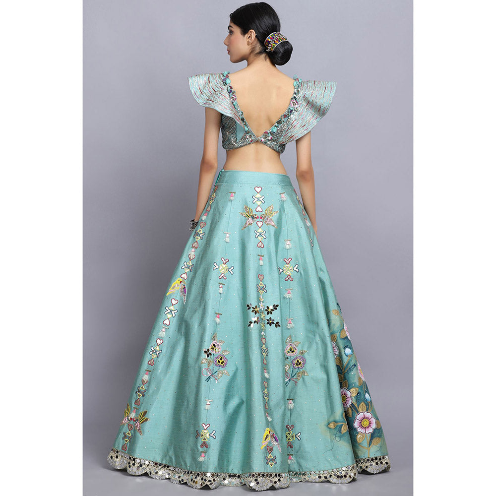 Arpita Sulakshana Blue Handpainted Lehenga Blouse with Dupatta (Set of 3)