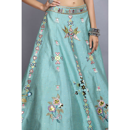 Arpita Sulakshana Blue Handpainted Lehenga Blouse with Dupatta (Set of 3)