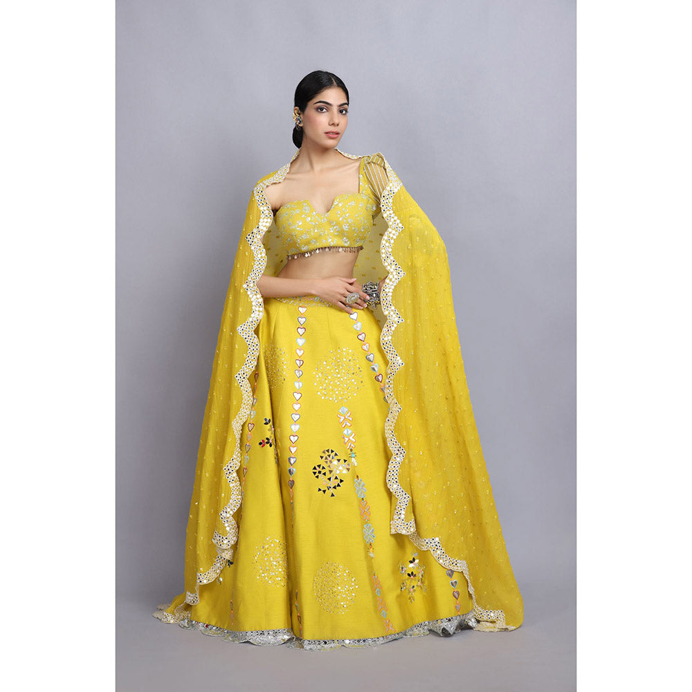 Arpita Sulakshana Yellow Handpainted Lehenga Blouse with Dupatta (Set of 3)