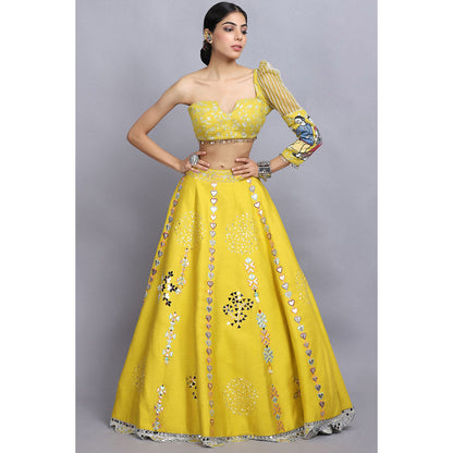 Arpita Sulakshana Yellow Handpainted Lehenga Blouse with Dupatta (Set of 3)