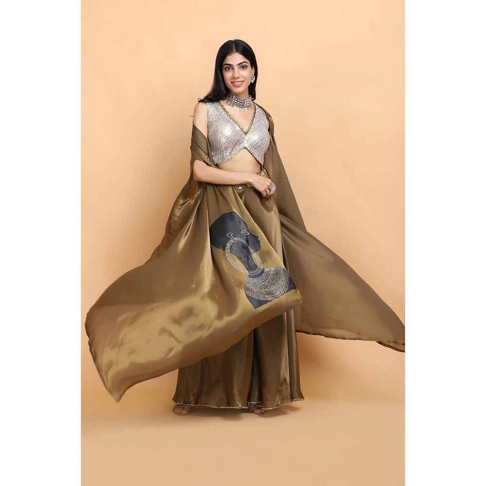 Arpita Sulakshana Olive Handpainted Top and Palazzo with Cape (Set of 3)