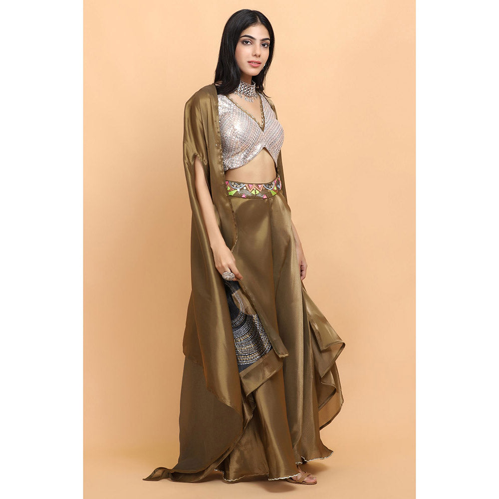 Arpita Sulakshana Olive Handpainted Top and Palazzo with Cape (Set of 3)