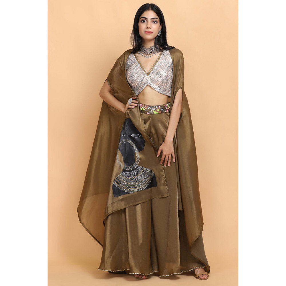 Arpita Sulakshana Olive Handpainted Top and Palazzo with Cape (Set of 3)