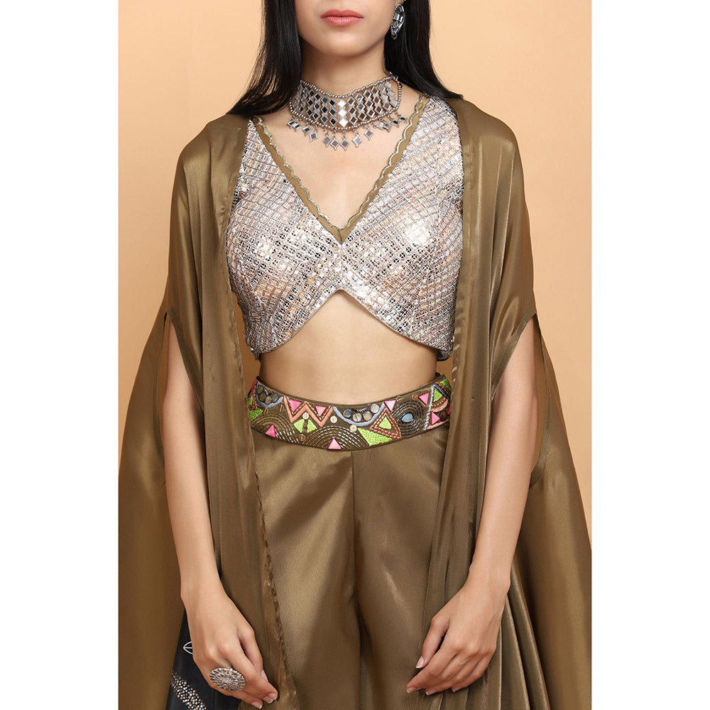 Arpita Sulakshana Olive Handpainted Top and Palazzo with Cape (Set of 3)