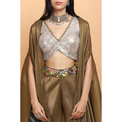 Arpita Sulakshana Olive Handpainted Top and Palazzo with Cape (Set of 3)