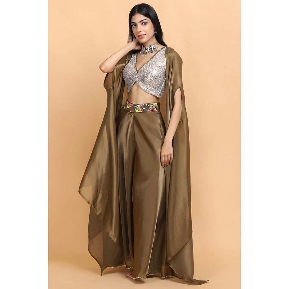 Arpita Sulakshana Olive Handpainted Top and Palazzo with Cape (Set of 3)