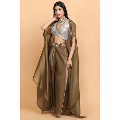 Arpita Sulakshana Olive Handpainted Top and Palazzo with Cape (Set of 3)
