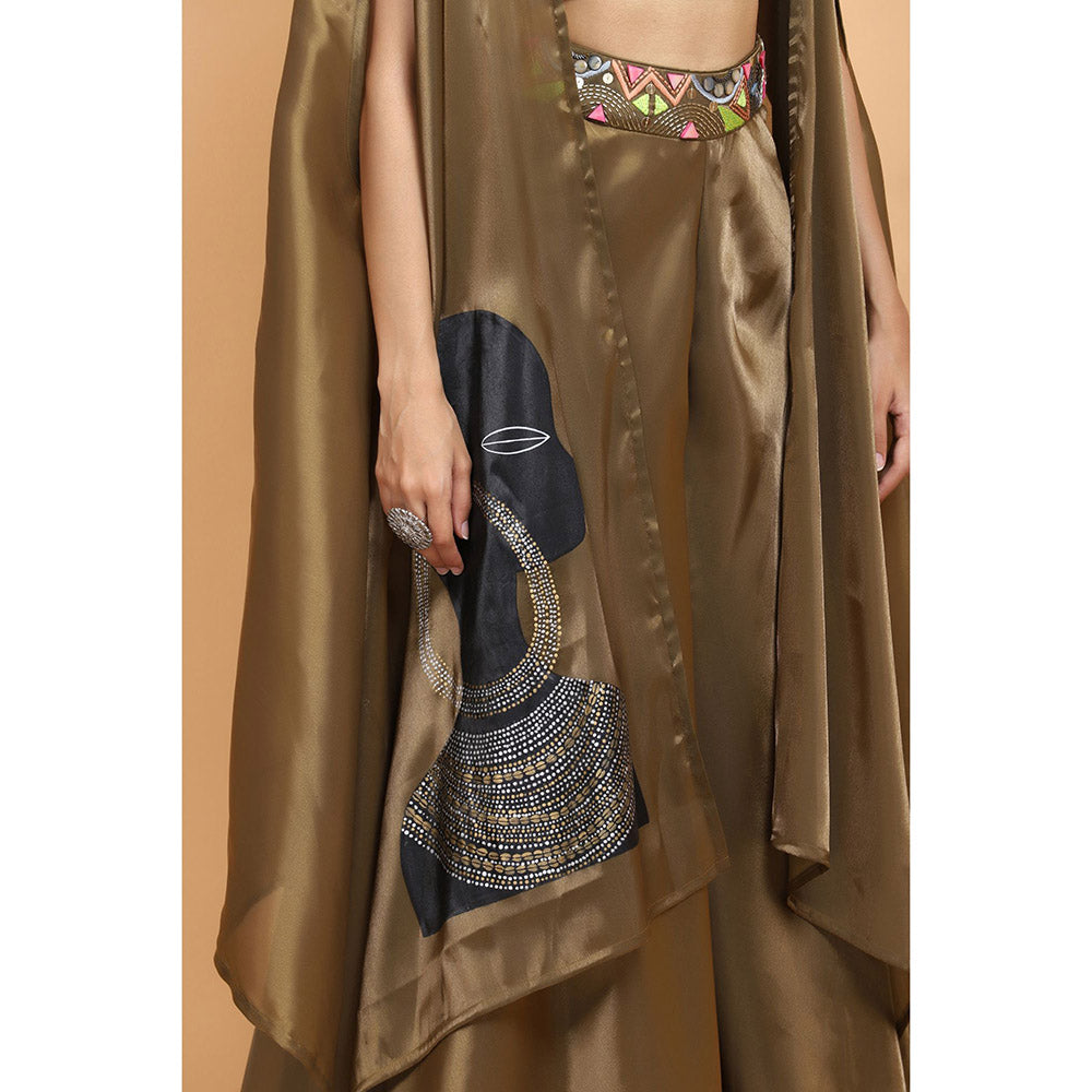 Arpita Sulakshana Olive Handpainted Top and Palazzo with Cape (Set of 3)