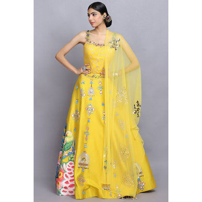 Arpita Sulakshana Yellow Handpainted Lehenga Blouse with Dupatta (Set of 3)