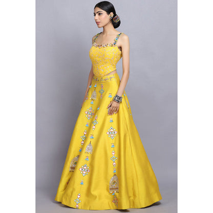 Arpita Sulakshana Yellow Handpainted Lehenga Blouse with Dupatta (Set of 3)