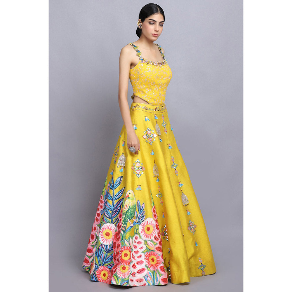 Arpita Sulakshana Yellow Handpainted Lehenga Blouse with Dupatta (Set of 3)