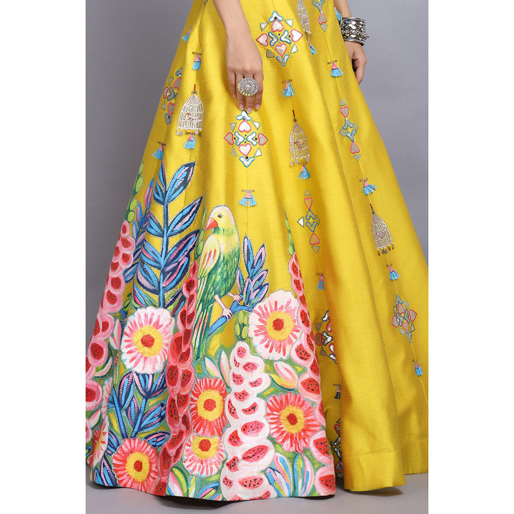 Arpita Sulakshana Yellow Handpainted Lehenga Blouse with Dupatta (Set of 3)