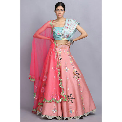 Arpita Sulakshana Peach Handpainted Lehenga Blouse with Dupatta (Set of 3)