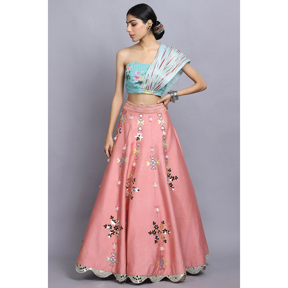 Arpita Sulakshana Peach Handpainted Lehenga Blouse with Dupatta (Set of 3)