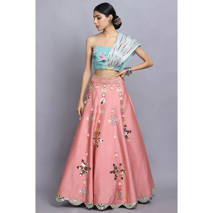 Arpita Sulakshana Peach Handpainted Lehenga Blouse with Dupatta (Set of 3)