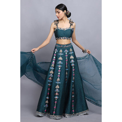 Arpita Sulakshana Teal Handpainted Lehenga Blouse with Dupatta (Set of 3)