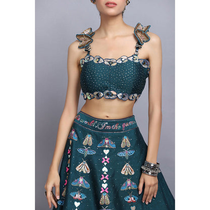 Arpita Sulakshana Teal Handpainted Lehenga Blouse with Dupatta (Set of 3)