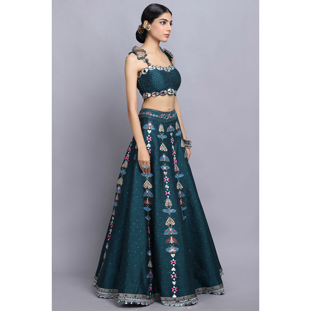 Arpita Sulakshana Teal Handpainted Lehenga Blouse with Dupatta (Set of 3)