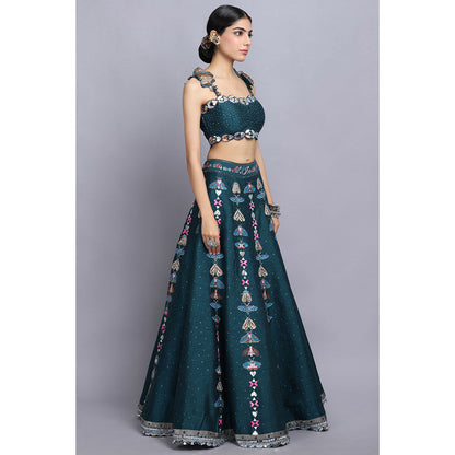 Arpita Sulakshana Teal Handpainted Lehenga Blouse with Dupatta (Set of 3)